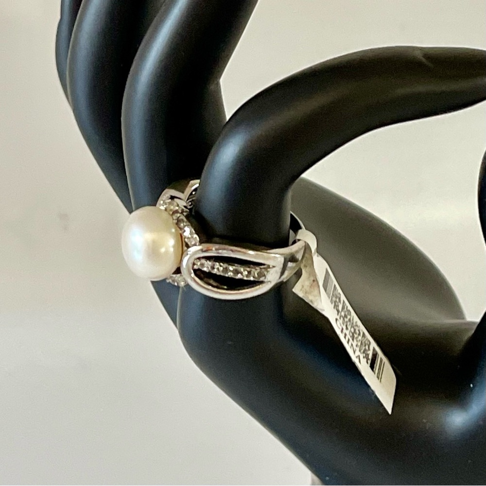 925 Sterling Silver, Fresh Water Pearl & White Topaz Ring Sz 8 - Picture 9 of 11